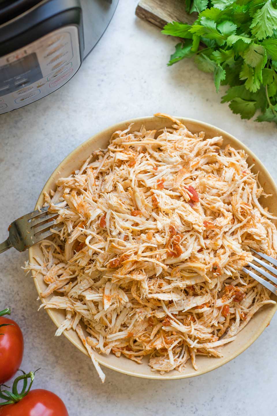 All of the shredded chicken in a pile on a plate, before most of the salsa is mixed into it.