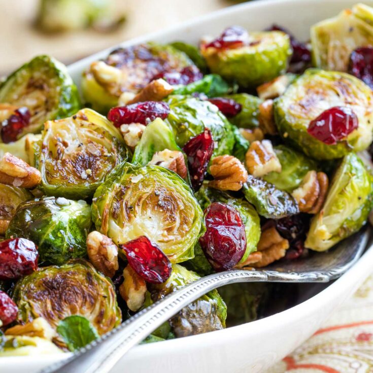 Roasted Brussel Sprouts With Cranberries Pecans And Hot Honey Two Healthy Kitchens 