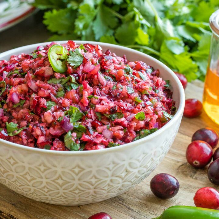 Side view of bowl of salsa with whole cranberries, cilantro and honey to the side.