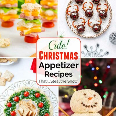 Collage of 4 recipe photos with the text overlay "Cute Christmas Appetizer Recipes That'll Steal the Show!"