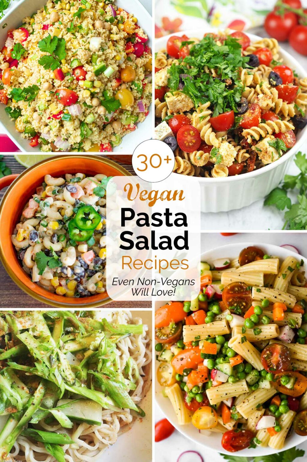 Collage of 5 recipe photos with text overlay "30+ Vegan Pasta Salad Recipes Even Non-Vegans Will Love!".