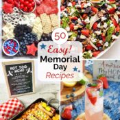 Collage of 4 of the recipes with graphic stars and text overlay "50 Easy! Memorial Day Recipes".