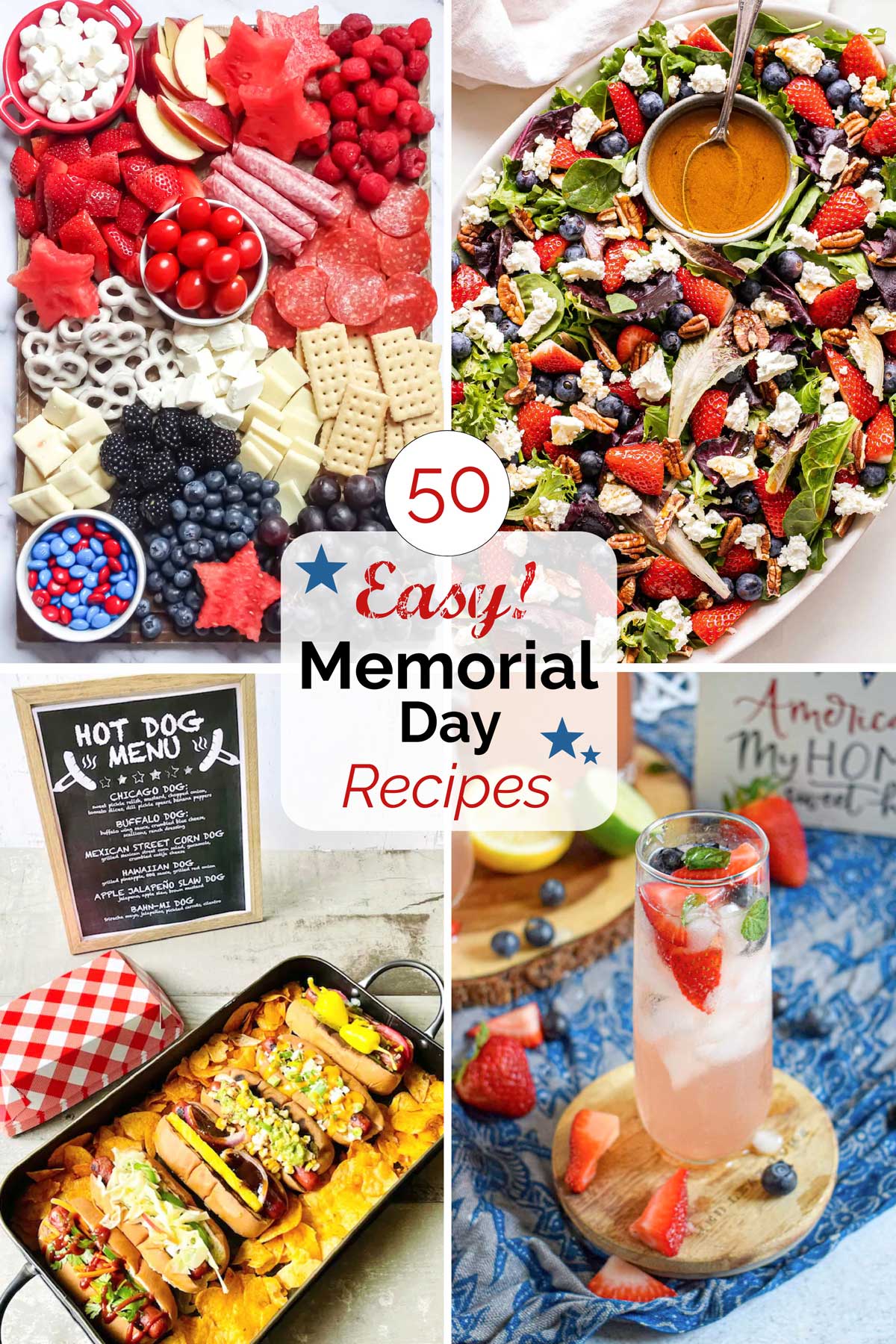 Collage of 4 of the recipes with graphic stars and text overlay "50 Easy! Memorial Day Recipes".