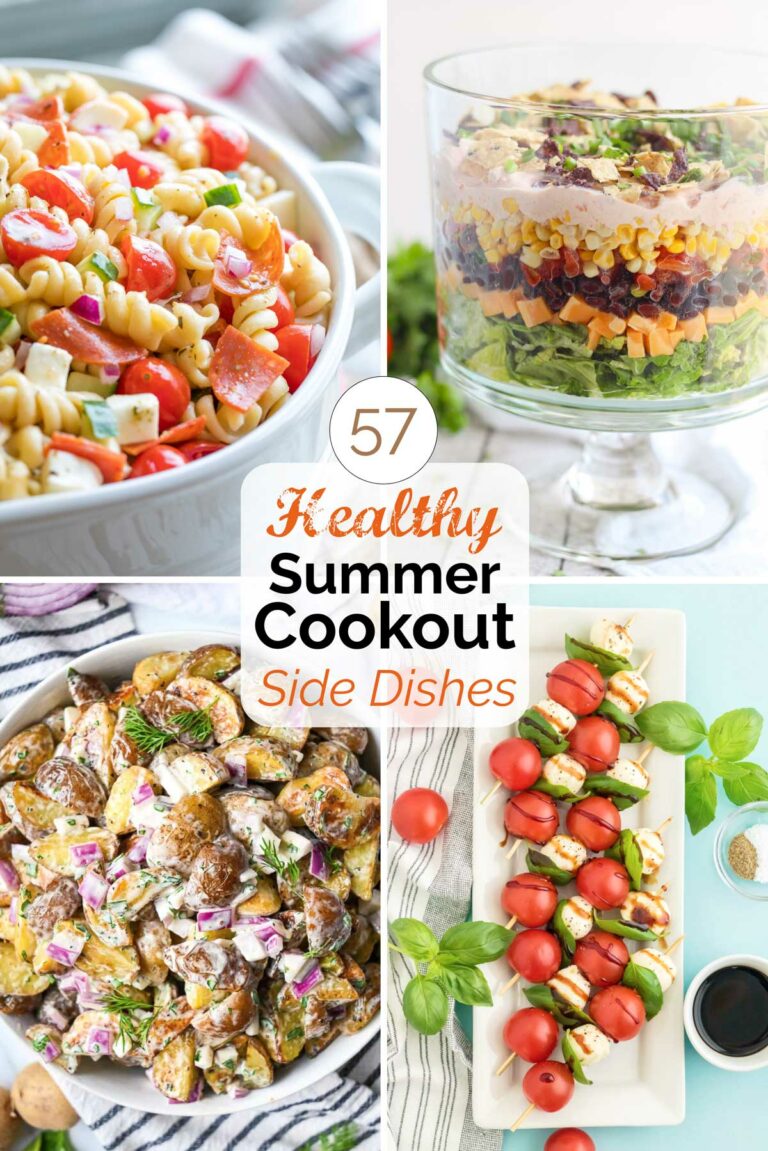 Collage of four recipe photos with text overlay "57 Healthy Summer Cookout Side Dishes".