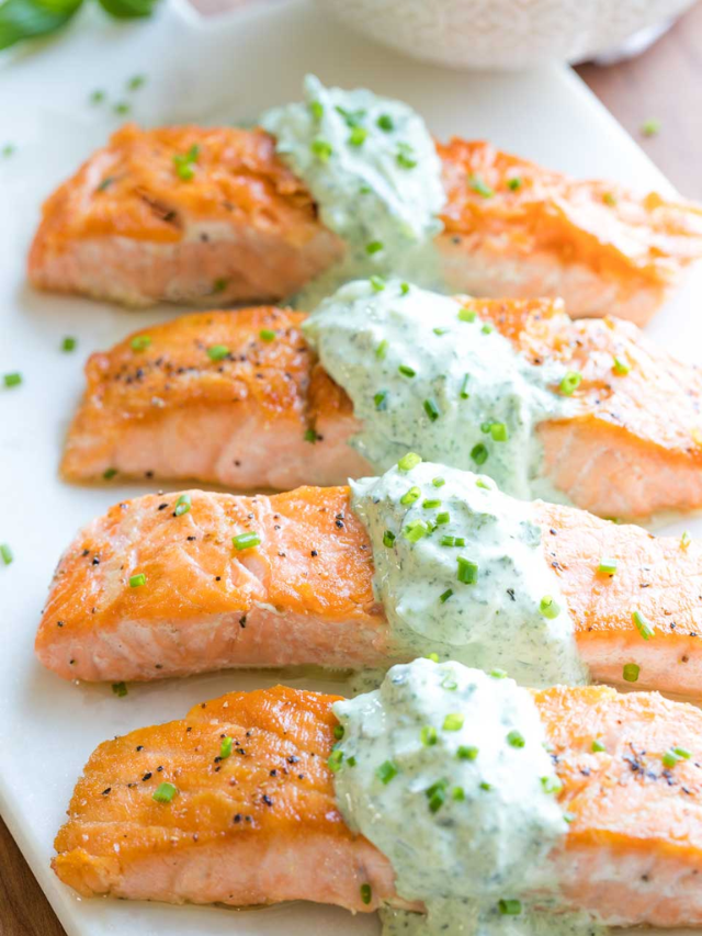 15-Minute Pan Seared Salmon with Basil Tzatziki Story