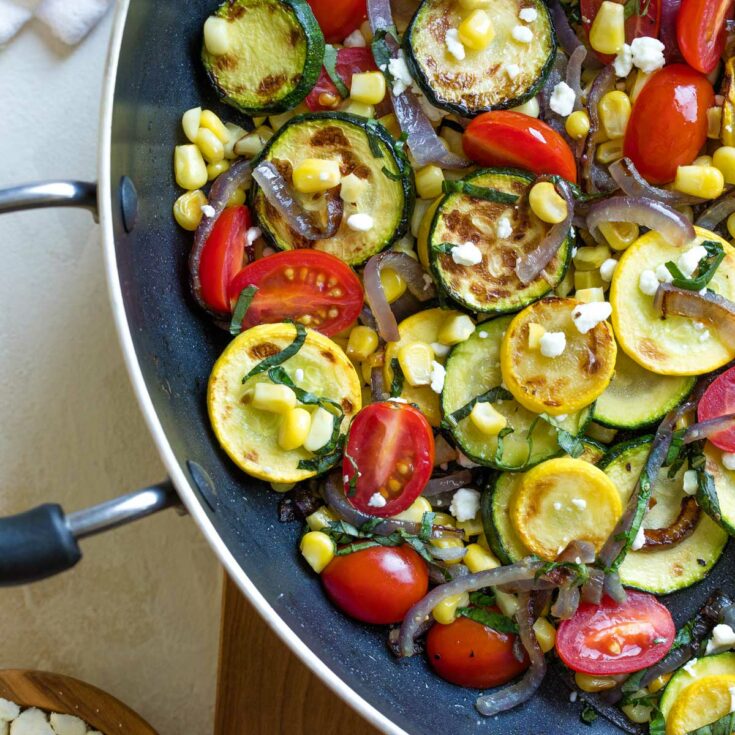 Overhead of one corner of pan with finished recipe.