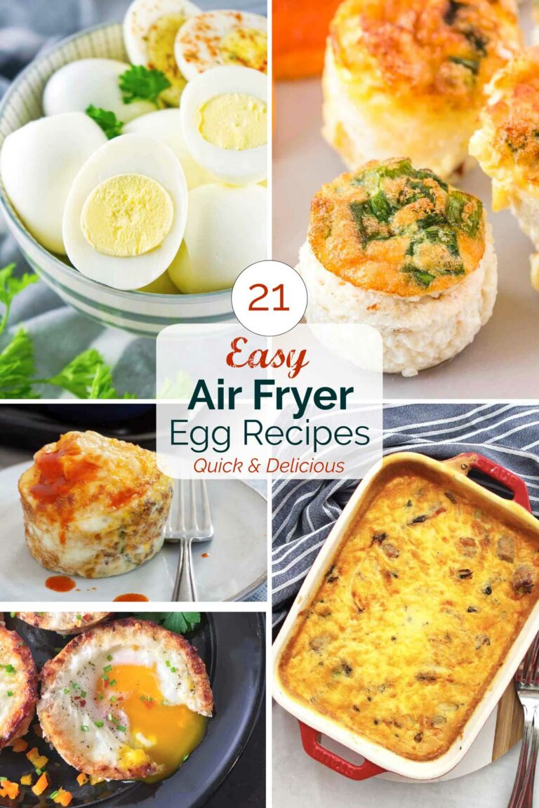 Collage of 5 recipe pictures with text overlay "21 Easy Air Fryer Egg Recipes Quick & Delicious".