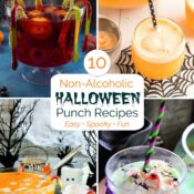 Collage of 4 recipe pictures with text overlay reading "10 Non-Alcoholic Halloween Punch Recipes Easy Spooky Fun".