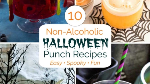 Collage of 4 recipe pictures with text overlay reading "10 Non-Alcoholic Halloween Punch Recipes Easy Spooky Fun".