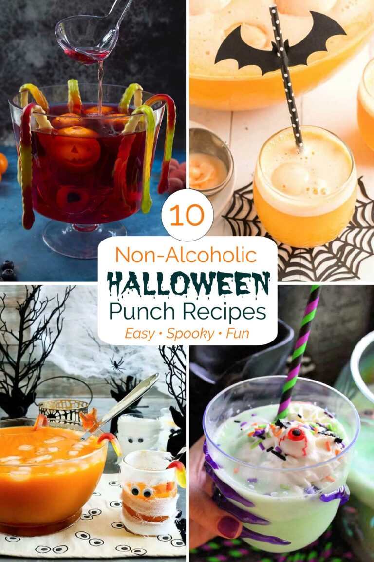 Collage of 4 recipe pictures with text overlay reading "10 Non-Alcoholic Halloween Punch Recipes Easy Spooky Fun".