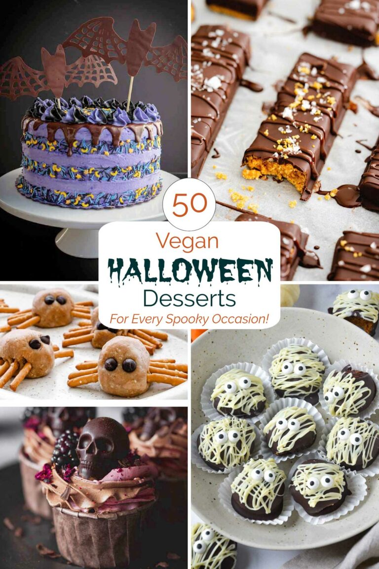 Collage of five photos from post, with text graphic "50 Vegan Halloween Desserts for Every Spooky Occasion!".
