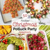 Collage of 4 recipe photos with text overlay "50 Festive! Christmas Potluck Party Appetizers".