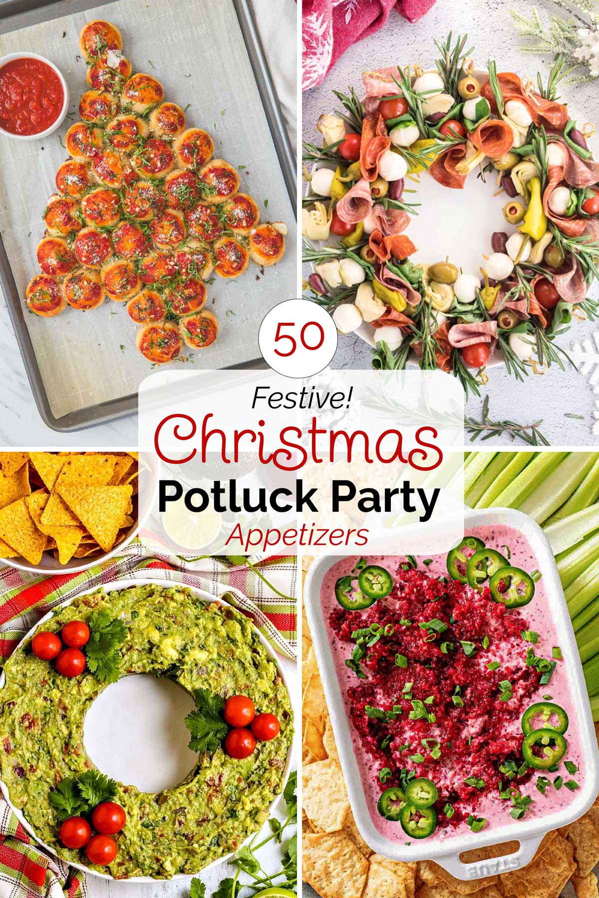 Collage of 4 recipe photos with text overlay "50 Festive! Christmas Potluck Party Appetizers".