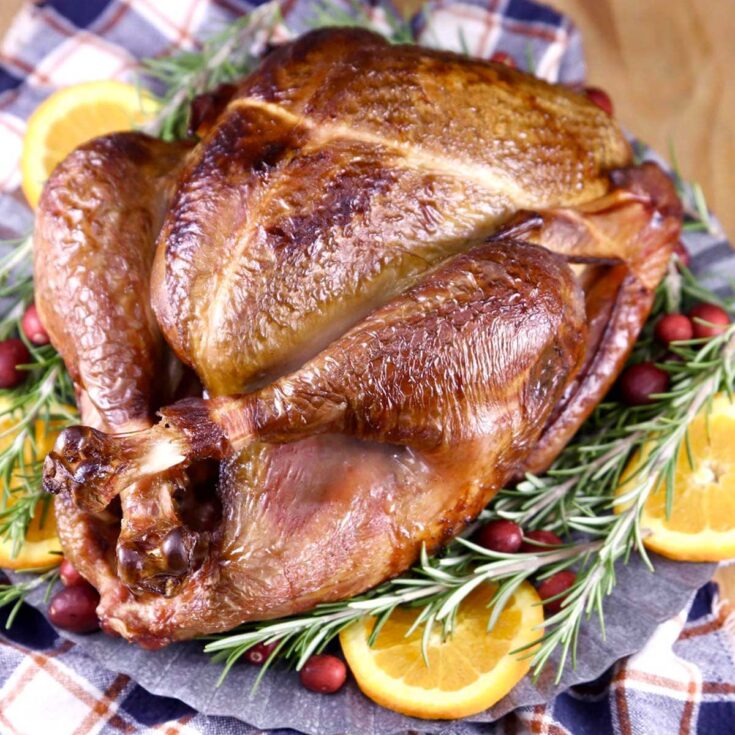 Finished turkey on blue plate and blue and red plaid cloth, garnished with Thanksgiving cranberries, rosemary and orange slices.