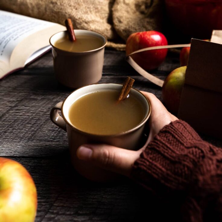Hand in rust-colored sweater holding one mug of cider with cinnamon stick in it, with another mug, apples and an open book in background.