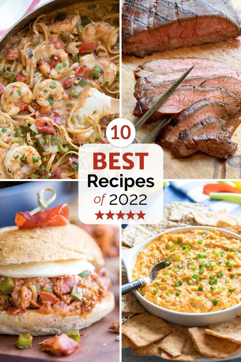 Collage featuring 4 recipe photos and text overlay reading "10 BEST Recipes of 2022" with a line of 5 red stars below the text.
