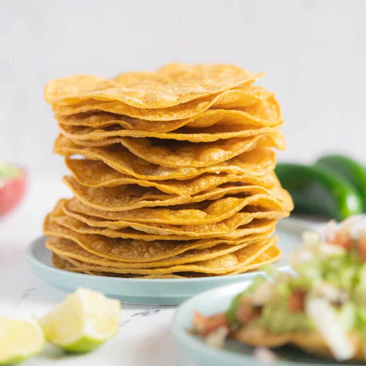 Side view of tostadas stacked in white dish with toppings surrounding.