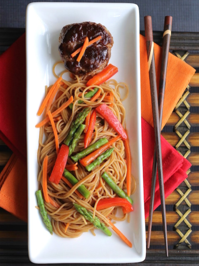 Hoisin-Glazed Mini Meatloaf “Muffins” Over Asian Noodles and Vegetables Cover image