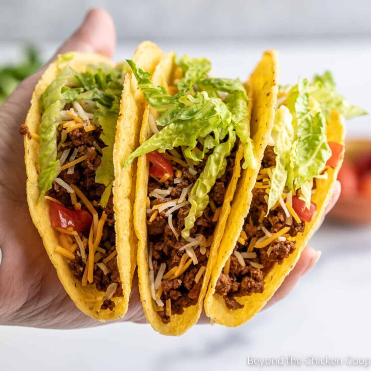 Side view of open-palm hand holding 3 hard tacos.