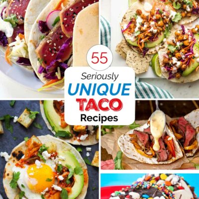 Pinnable collage of five pictures with text at center "55 Seriously UNIQUE TACO Recipes".