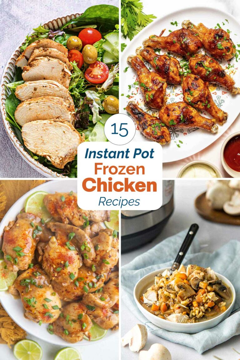 Collage of 4 recipe photos with orange and dark blue text overlay "15 Instant Pot Frozen Chicken Recipes".