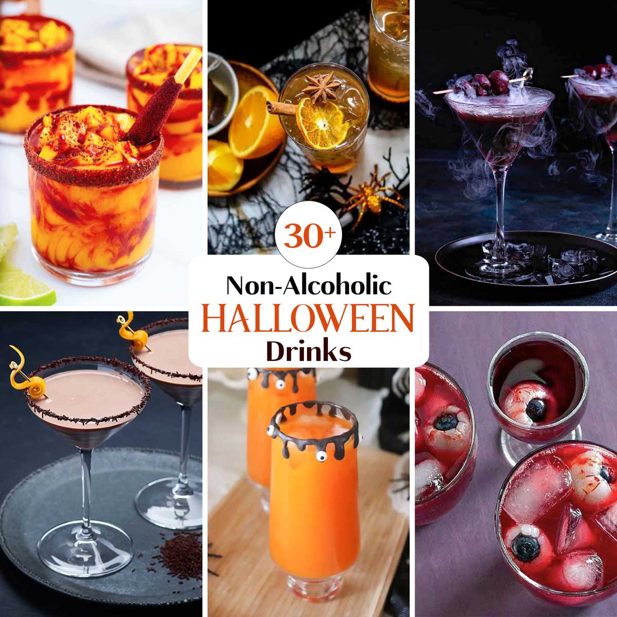 Square collage of 6 recipe photos with text overlay "30+ Non-Alcoholic Halloween Drinks".