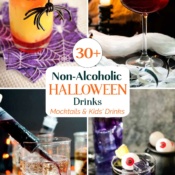Collage of 4 drink photos with central text "30+ Non-Alcoholic Halloween Drinks mocktails & Kids' Drinks".