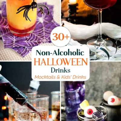 Pinnable collage of four recipe photos with text overlay "30+ Non-Alcoholic Halloween Drinks mocktails & Kids' Drinks".
