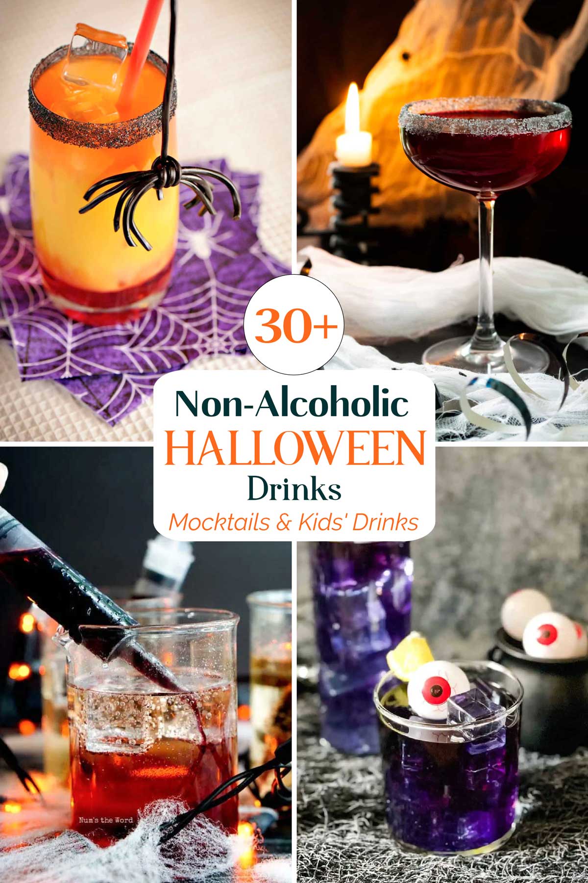 Collage of 4 drink photos with central text "30+ Non-Alcoholic Halloween Drinks mocktails & Kids' Drinks".