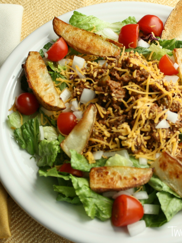 Hearty Cheeseburger Salad with Oven-Roasted Fries  Story