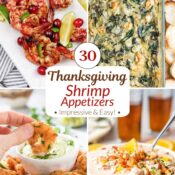 Hero collage with four recipe photos and text overlay "30 Thanksgiving Shrimp Appetizers • Impressive & Easy! •".