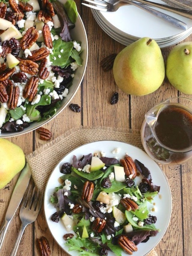 Perfect Salad with Goat Cheese, Pears, Candied Pecans and Maple-Balsamic Dressing Story