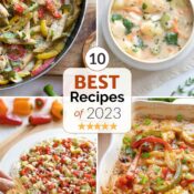 Collage of 4 recipes (pasta skillet, soup, dip and casserole) with central text overlay "10 Best Recipes of 2023".