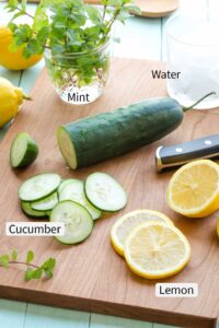 Sliced ingredients on cutting board with text overlay of ingredient names "Mint", "Water", "Cucumber", "Lemon".