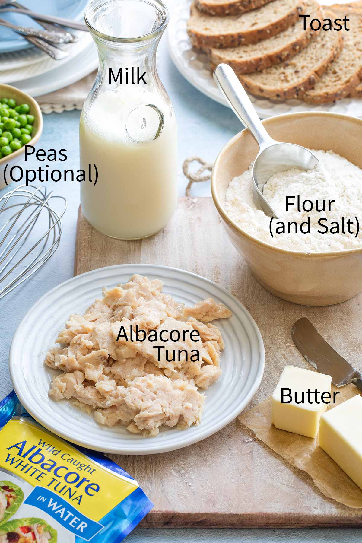 Recipe ingredients with labels (clockwise, left to right): "Milk, Toast, Flour (and Salt), Butter, Albacore Tuna, and Peas (Optional)".