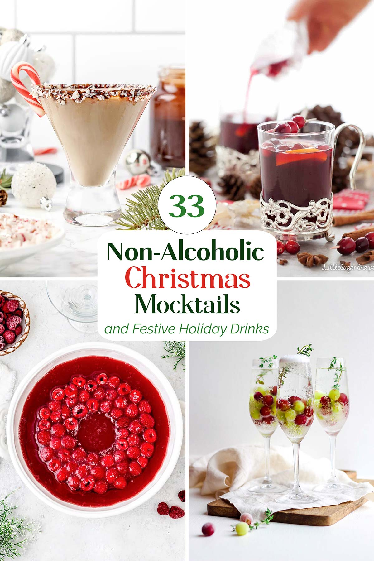 Hero collage of 4 beverages with red & green central text "33 Non-Alcoholic Christmas Mocktails and Festive Holiday Drinks".