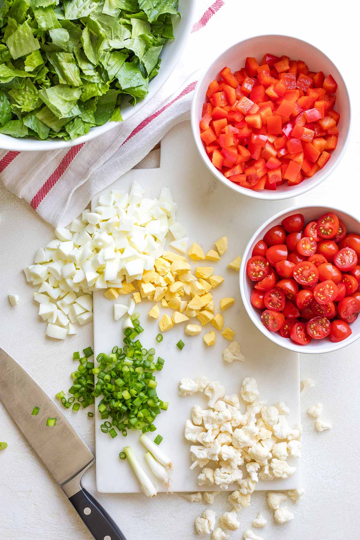 Overhead of chopped ingredients so you can see relative sizes.