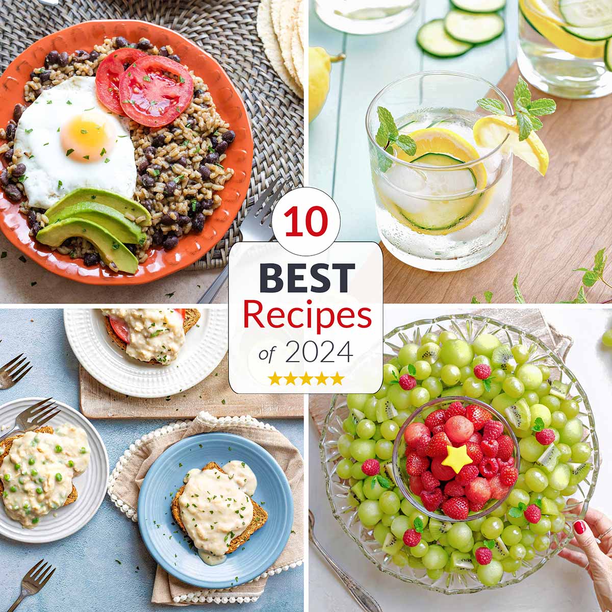 Collage of 4 recipe photos with central text "10 BEST Recipes of 2024" with five gold stars.